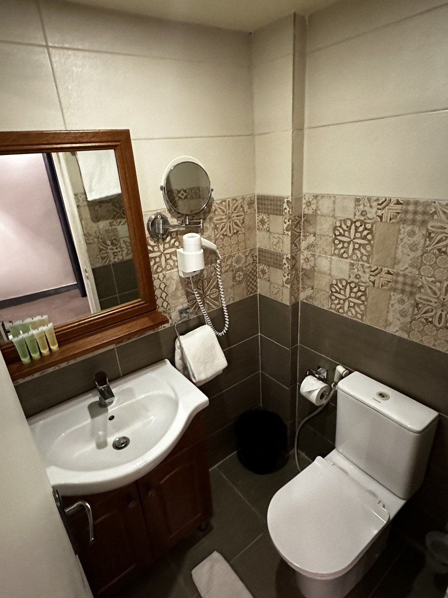 Private en-suite bathroom with patterned tile detail