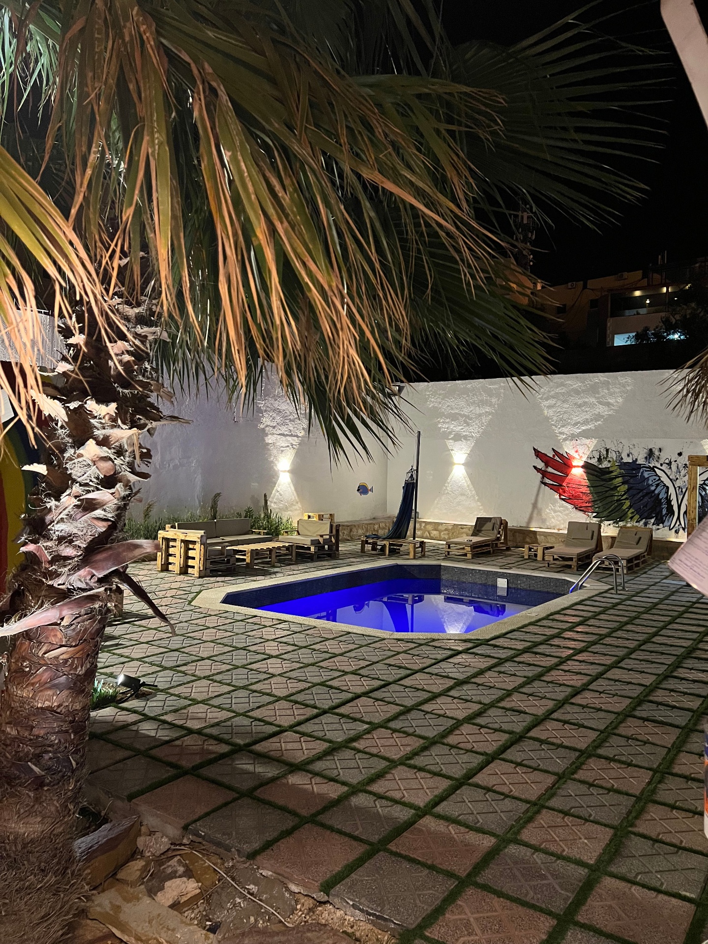Swimming pool lit up blue at night under the palm tree